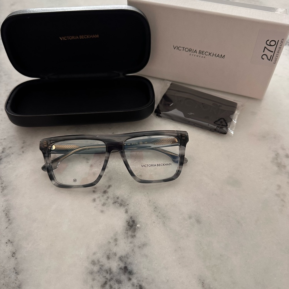 Victoria Beckham Translucent Gray Square Optical Glasses with Gold Temple Detail